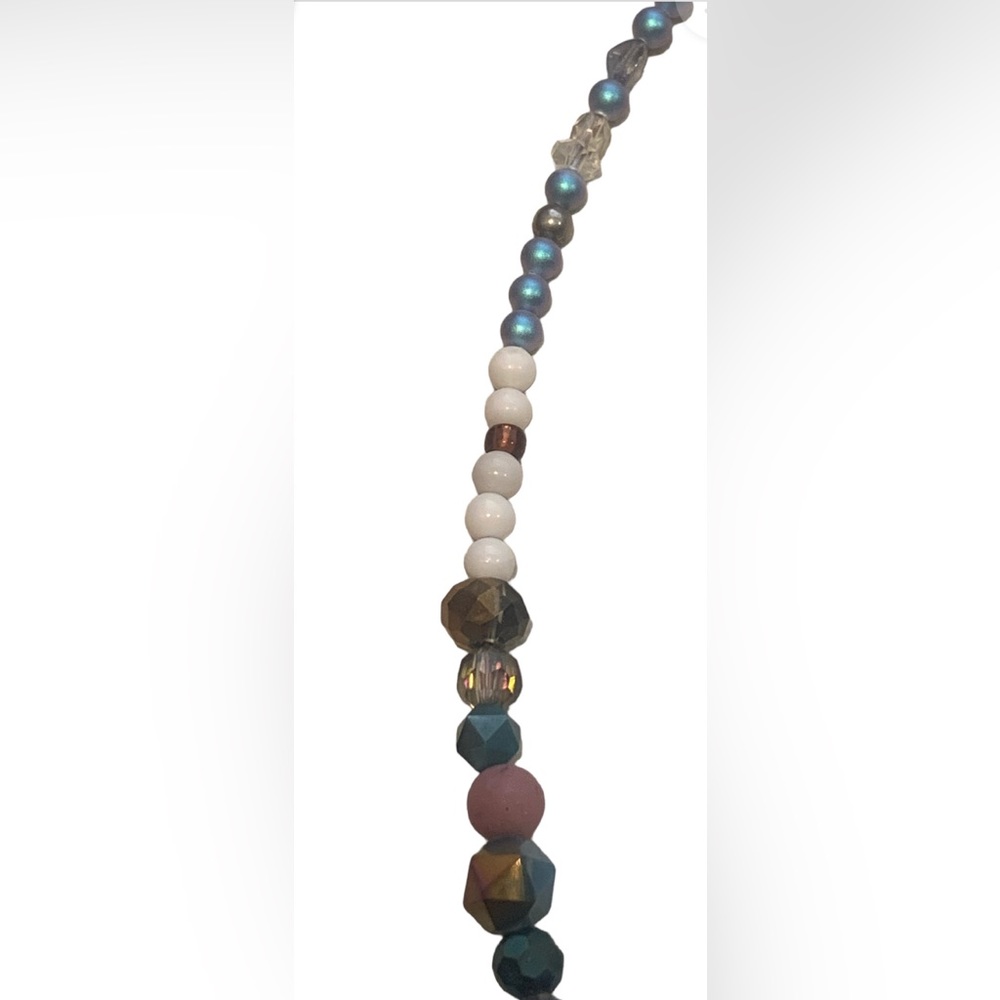 Multi Stone Pendant Necklace 18” Beaded One Of A Kind Blue Cream Bling Peace - Picture 2 of 9